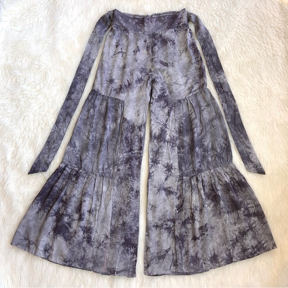 Eesome Smoky Purple Gray High Waist Tiered Flared Tie Dye Wide Leg Palazzo Pants - Picture 14 of 15